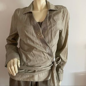 Sequin trim collared wrap shirt